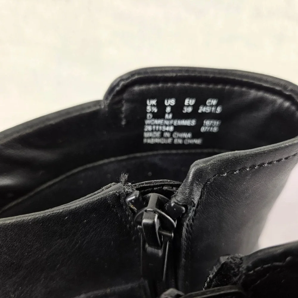 Clarks Womens Black Leather Ankle Boots Block Heel Side Zip 26111340 Size 8